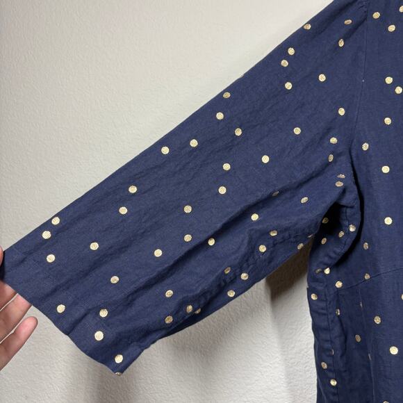 Boden 16R Evangeline Linen Tunic Shift Dress Navy Gold Polka Dot Pompom Trim - Picture 4 of 8